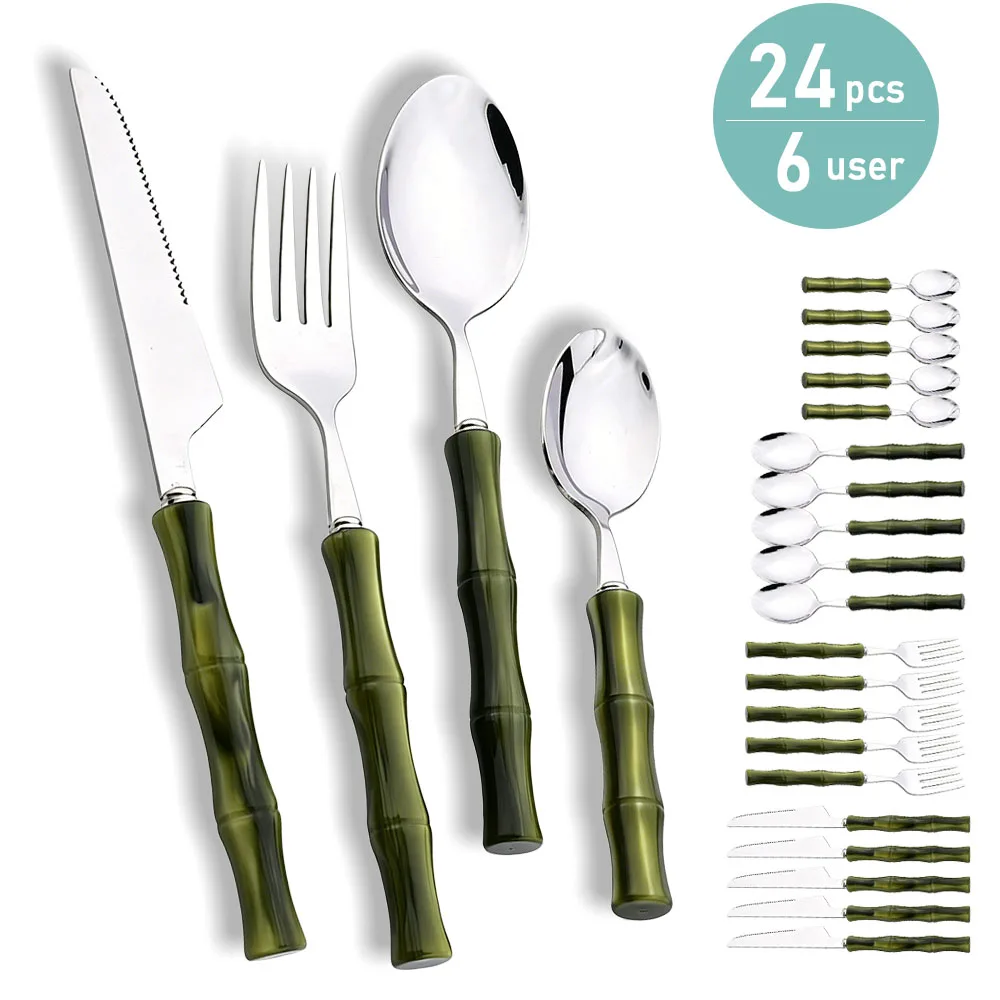 Bamboo Cutlery - Imitation Bamboo Handle Flatware Set 6/16/24/30Pcs