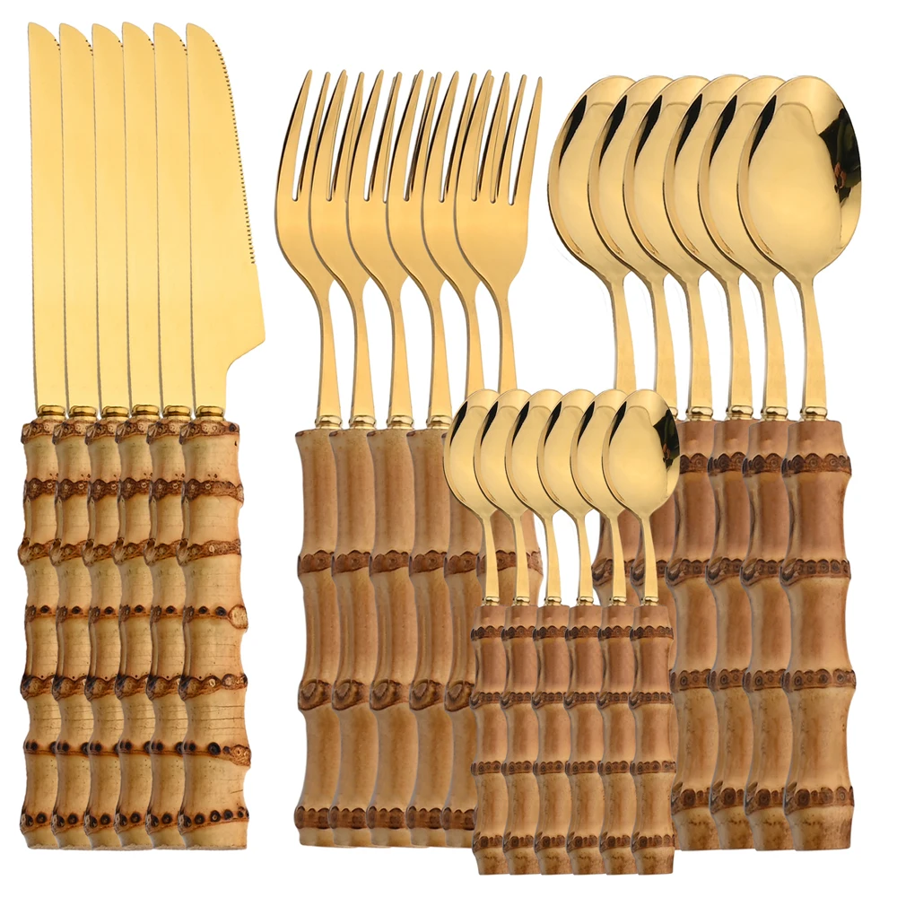 Bamboo Cutlery - 24Pcs Stainless Steel Flatware Natural Bamboo