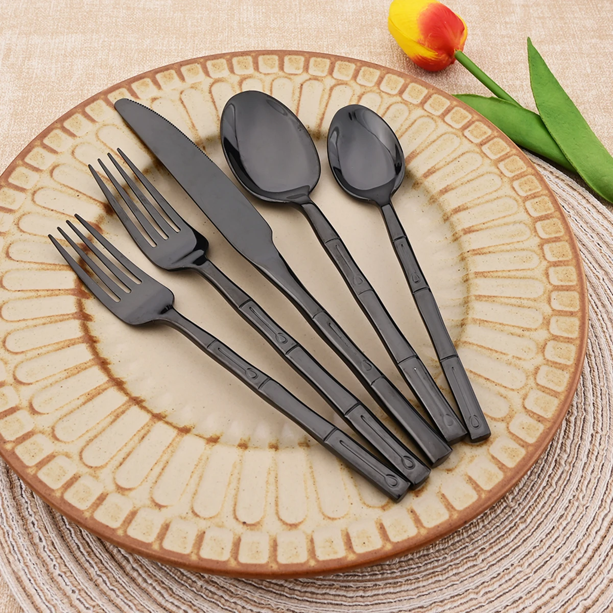 5pcs Knife Fork Spoon Cutlery  - Bamboo Cutlery ulasan dan harga