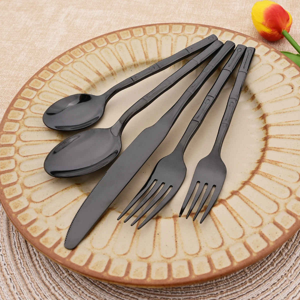 5pcs Knife Fork Spoon Cutlery  - Bamboo Cutlery ulasan dan harga
