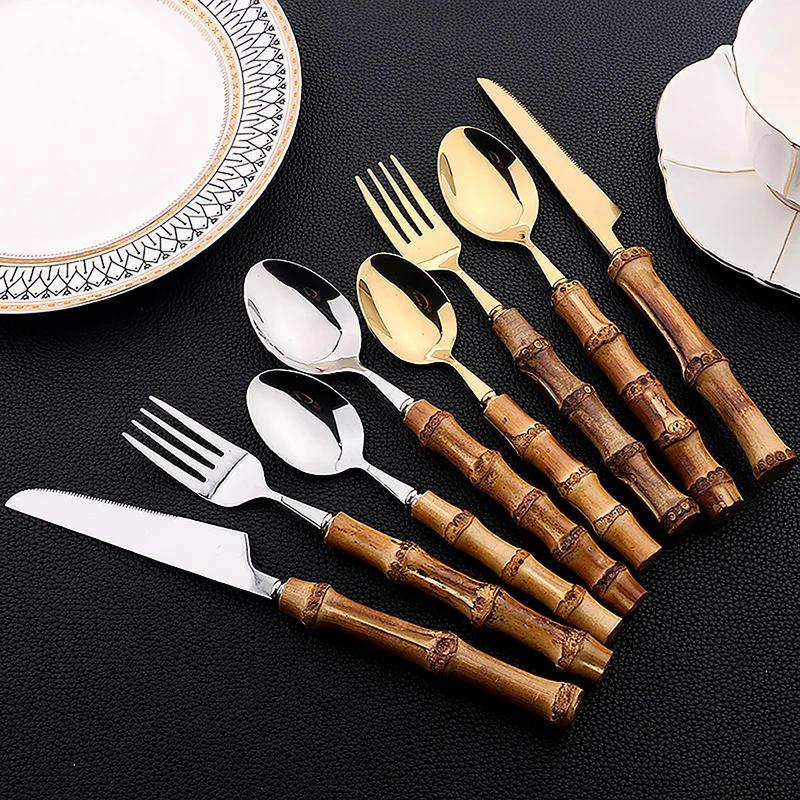 24Pcs Stainless Steel Flatware - Bamboo Cutlery ulasan dan harga