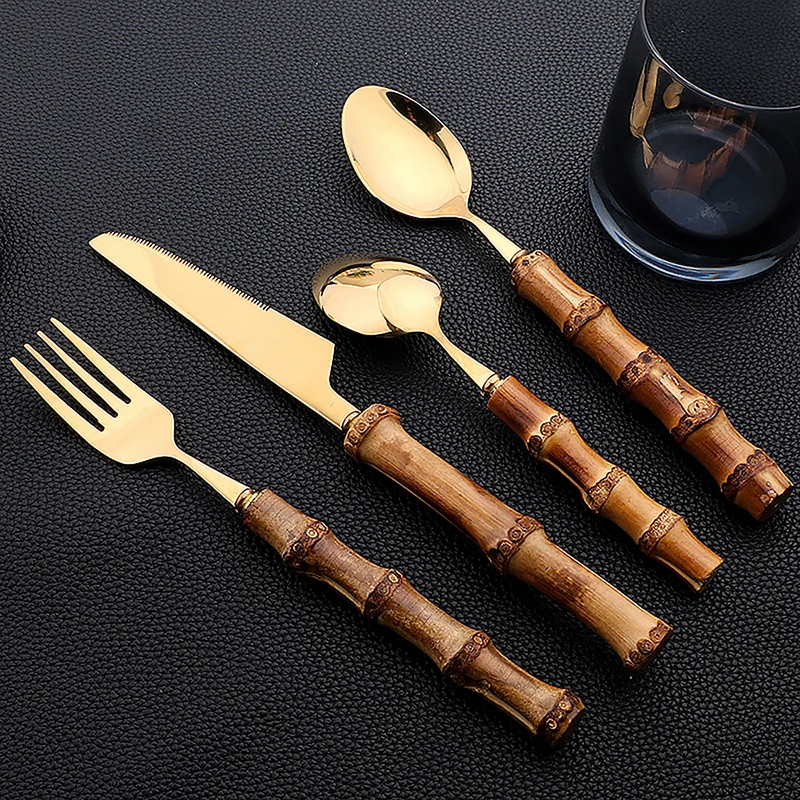 24Pcs Stainless Steel Flatware - Bamboo Cutlery ulasan dan harga
