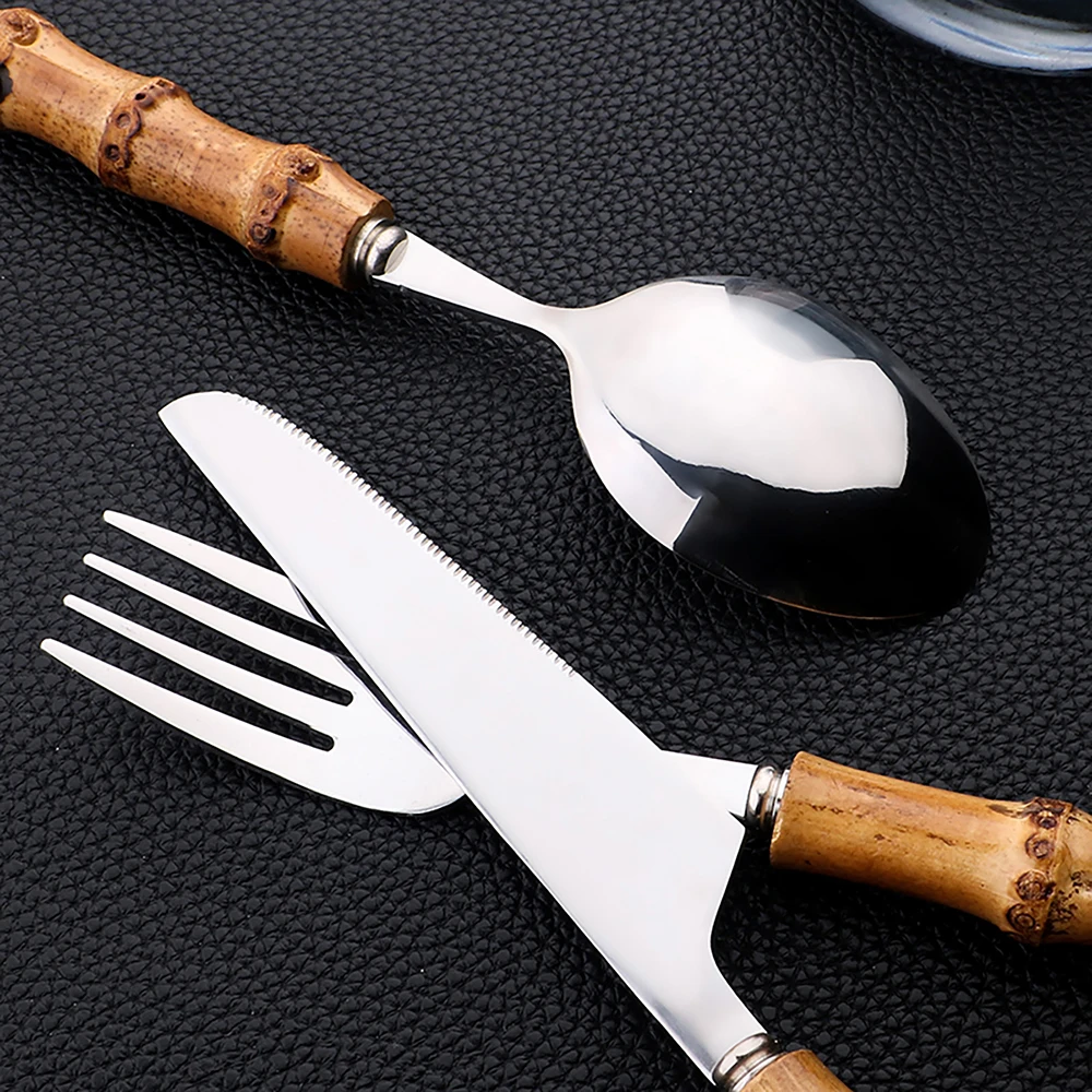 24Pcs Stainless Steel Flatware - Bamboo Cutlery ulasan dan harga